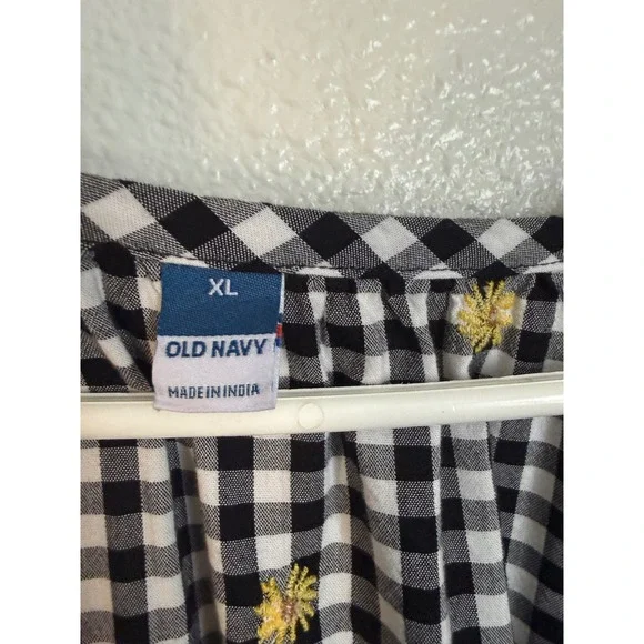 Old Navy Gingham Floral Embroidered Tiered Midi Dress Black White Yellow size XL - Picture 9 of 10
